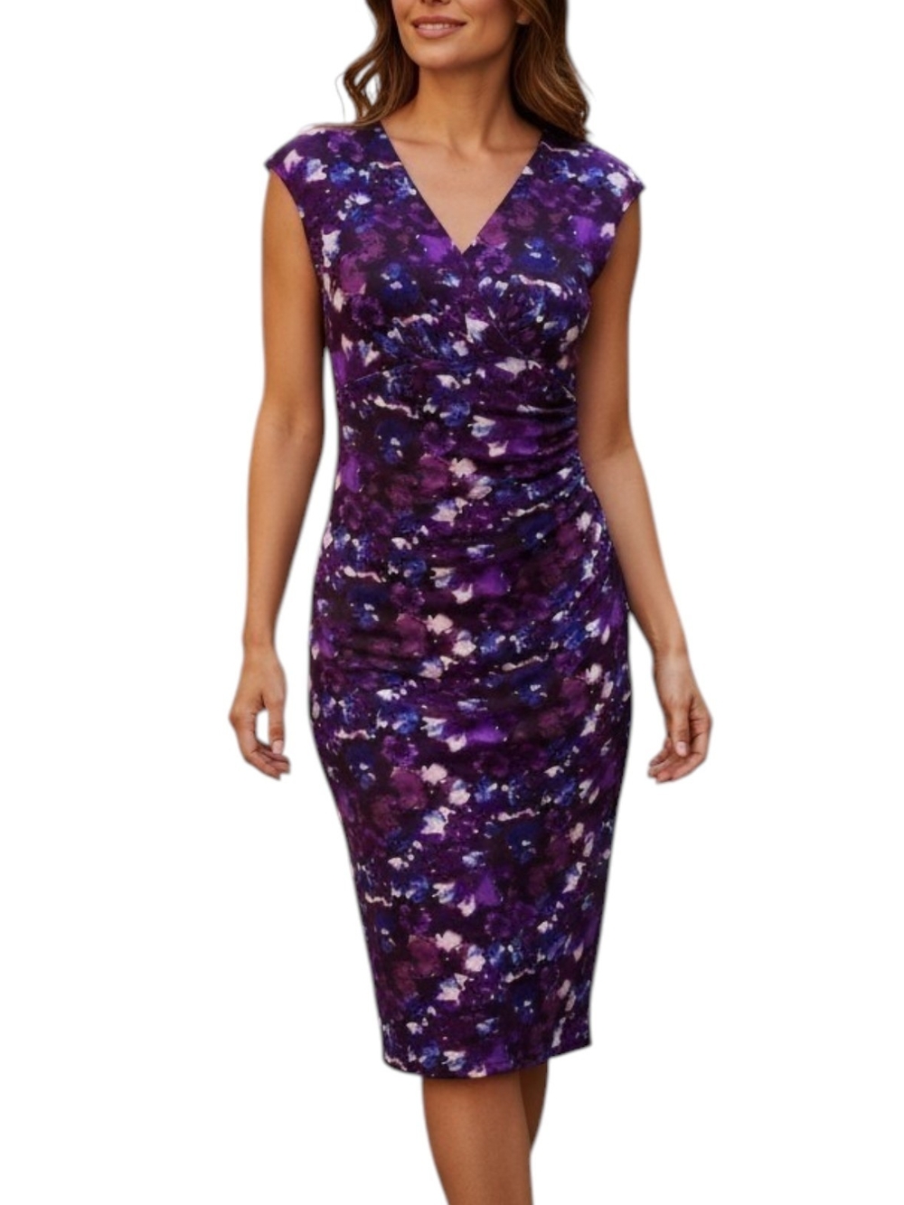 Ralph Lauren Purple Floral Ruched Midi Dress Size 8